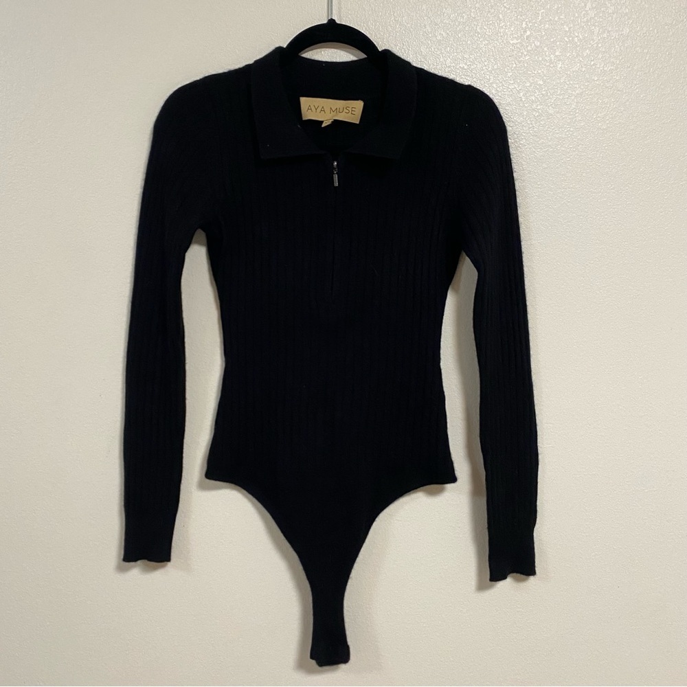 Aya Muse Bodysuit Women’s size XS Black Ribbed Cashmere Collared bodysuit